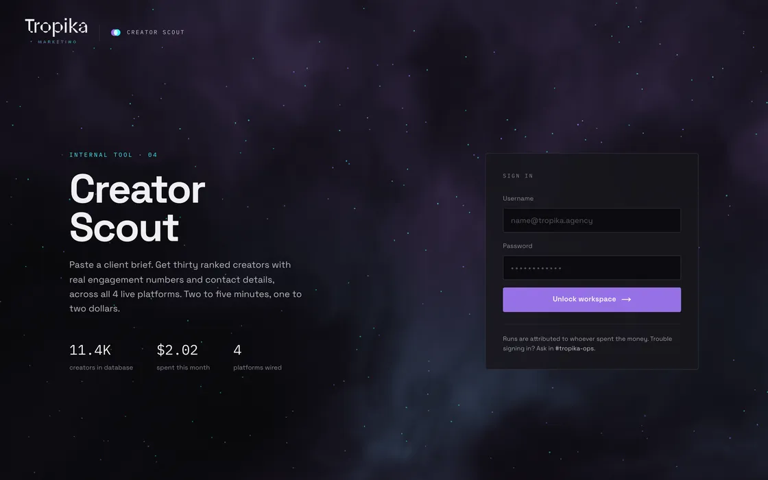 The Creator Scout login screen