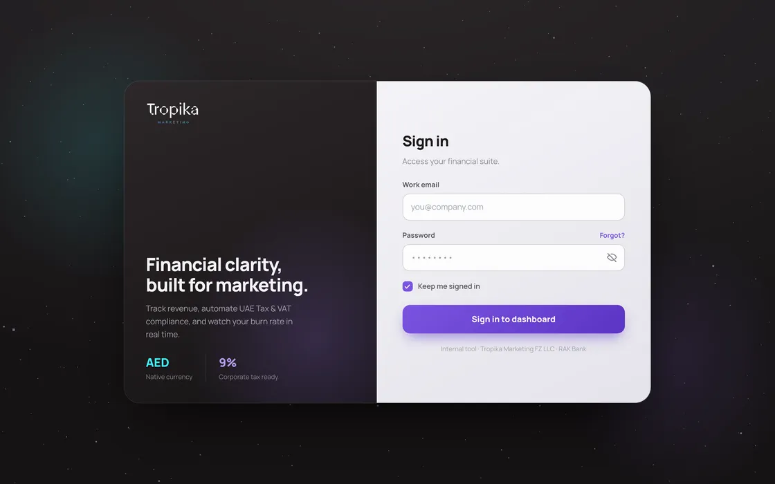 The Finance Suite login screen
