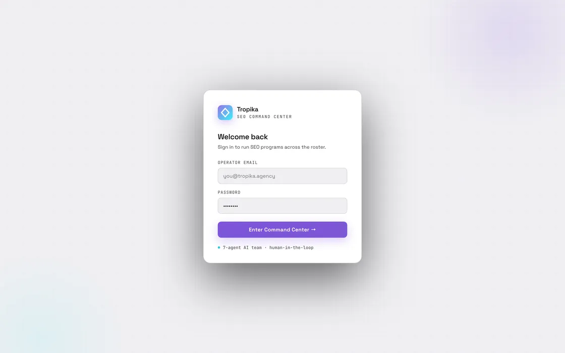 The SEO Command Center login screen